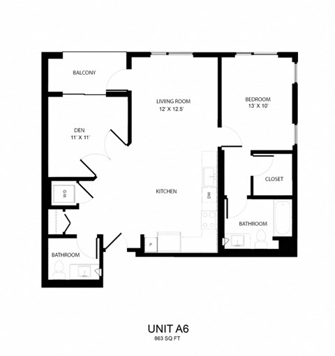 Floor plan for 1 bed, 2 baths, 863 sqft